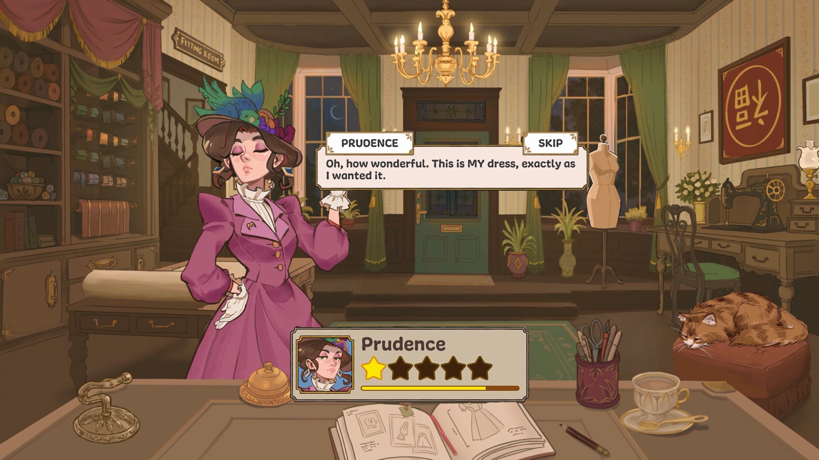 Dressmaker gameplay: a dress on the mannequin inside the atelier